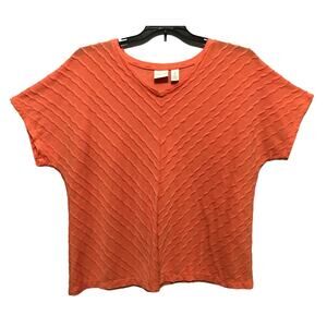 Chicos Size 3 US XL Orange Knit Top V Neck Short Sleeve Raised V Stripe